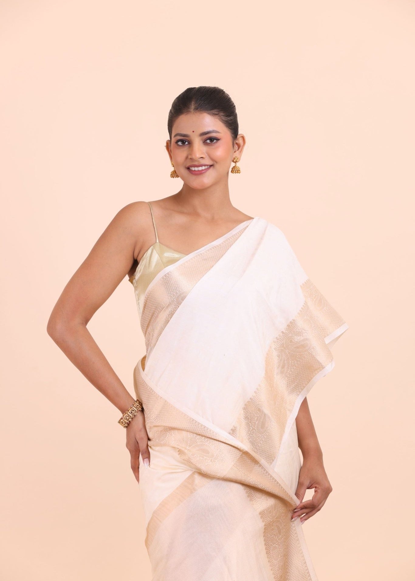 White Soft Silk Saree with Golden Border - Anvi Couture