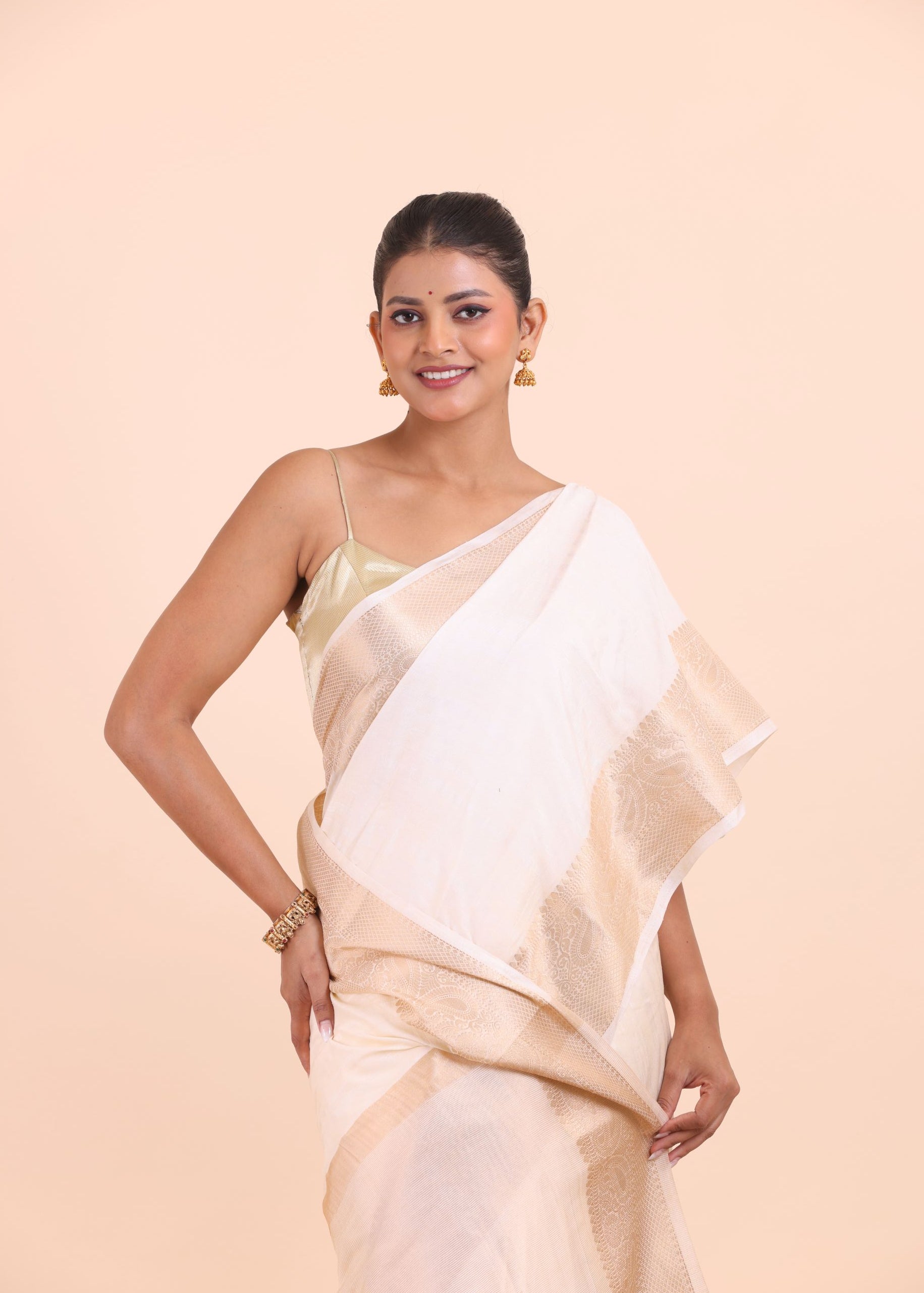 White Soft Silk Saree with Golden Border close up