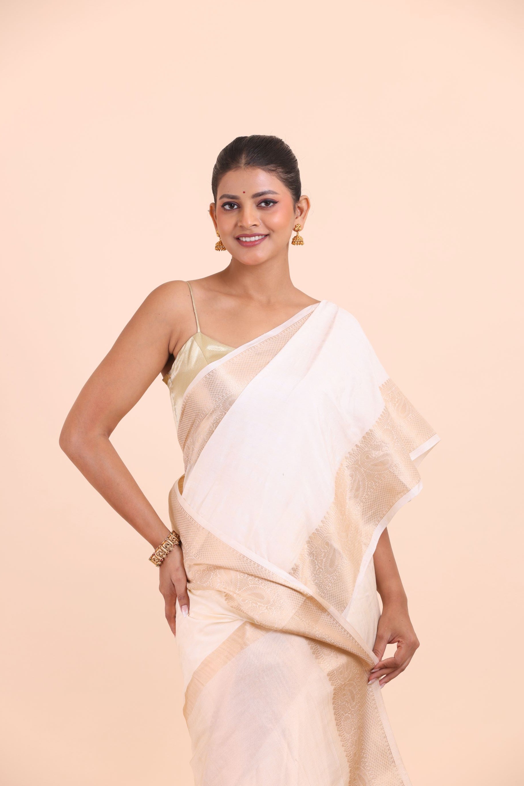 White Soft Silk Saree with Golden Border close up