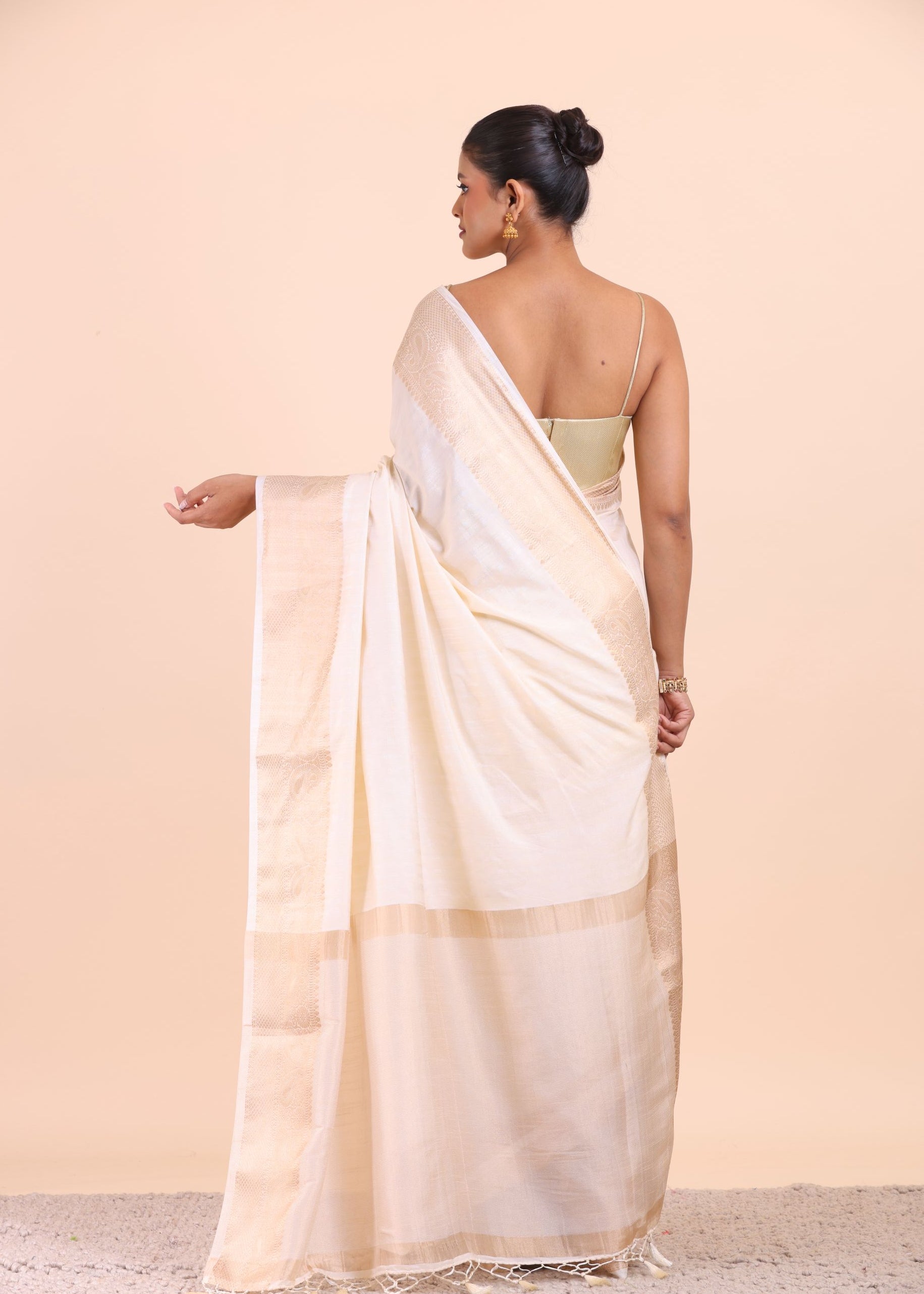 White Soft Silk Saree with Golden Border back