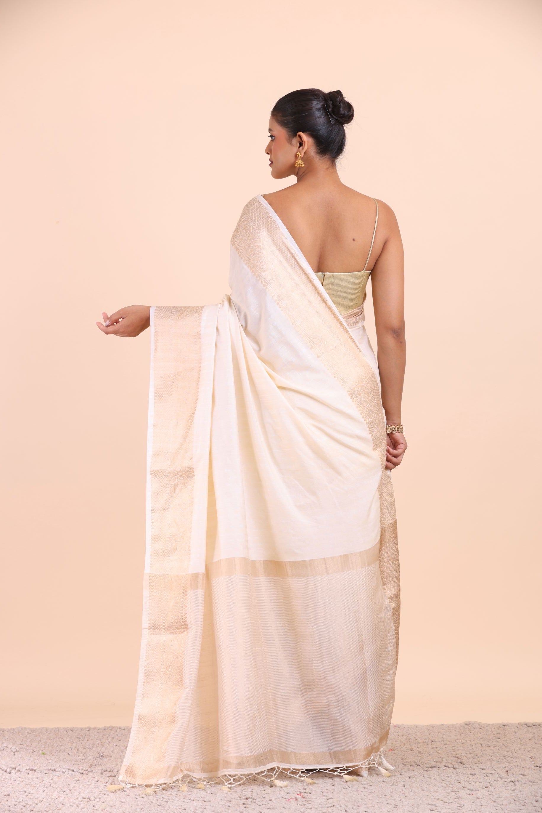 White Soft Silk Saree with Golden Border back