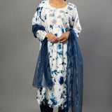 White and Blue Embroidered Kurti Set With Dupatta - Anvi Couture