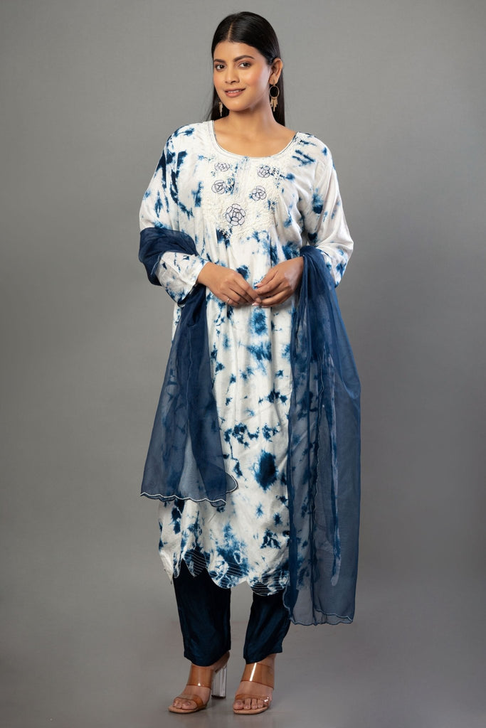 White and Blue Embroidered Kurti Set With Dupatta