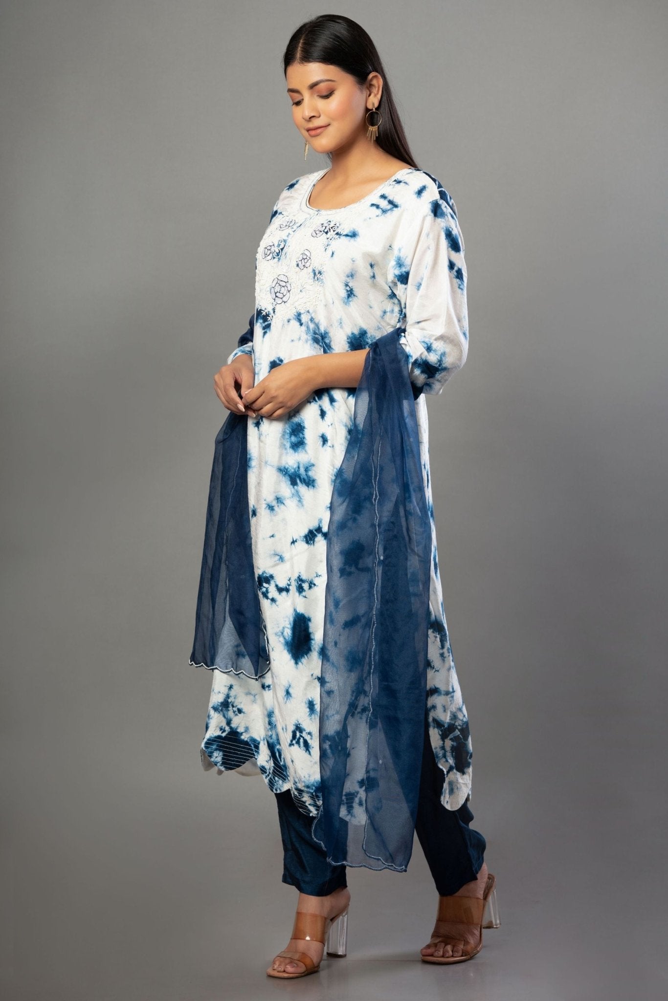 White and Blue Embroidered Kurti Set With Dupatta - Anvi Couture