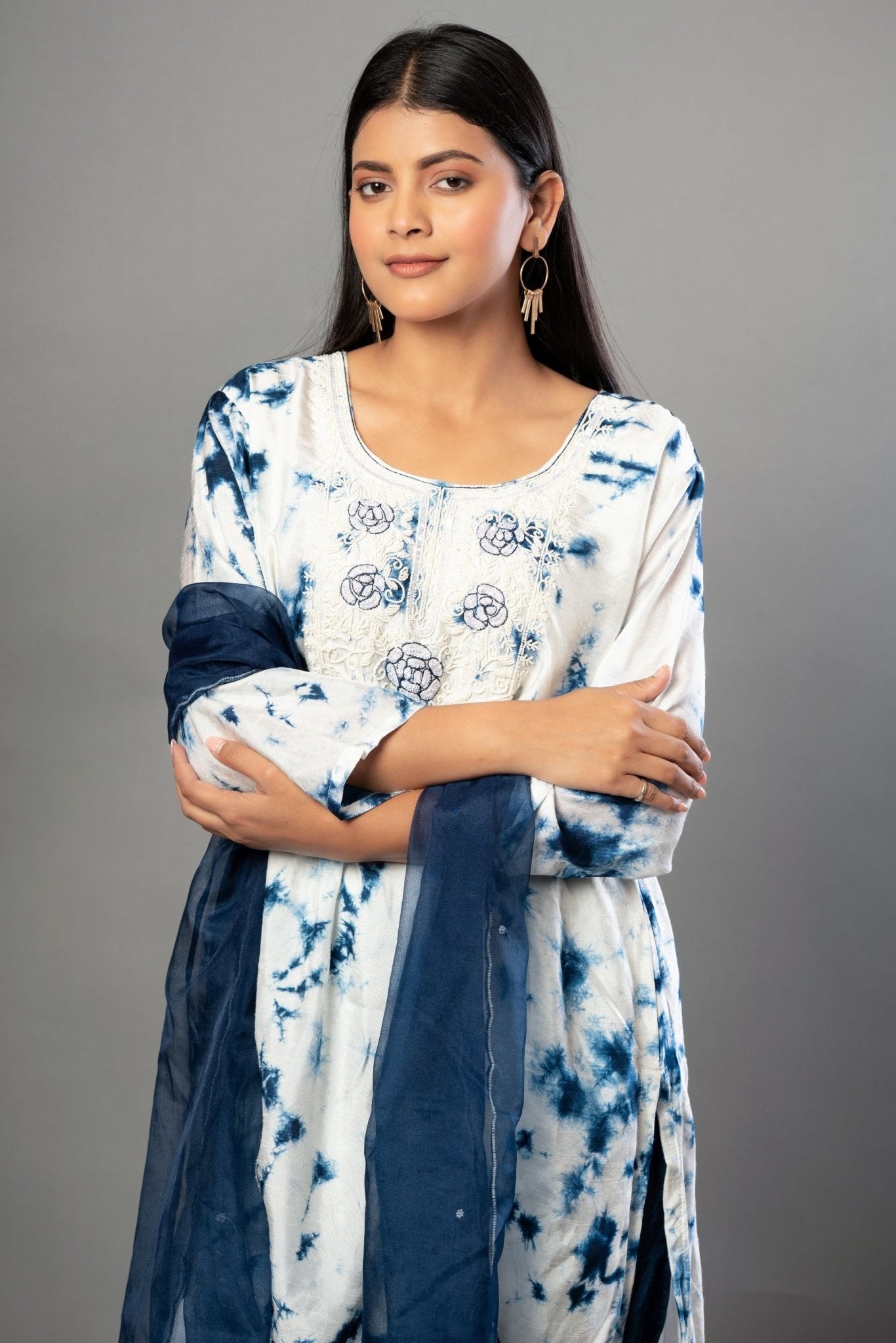 White and Blue Embroidered Kurti Set With Dupatta - Anvi Couture