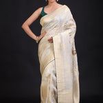White and Gold Banarasi Saree with Green Piping finishing full
