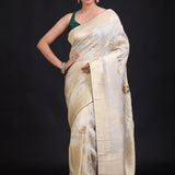 White and Gold Banarasi Saree with Green Piping finishing full