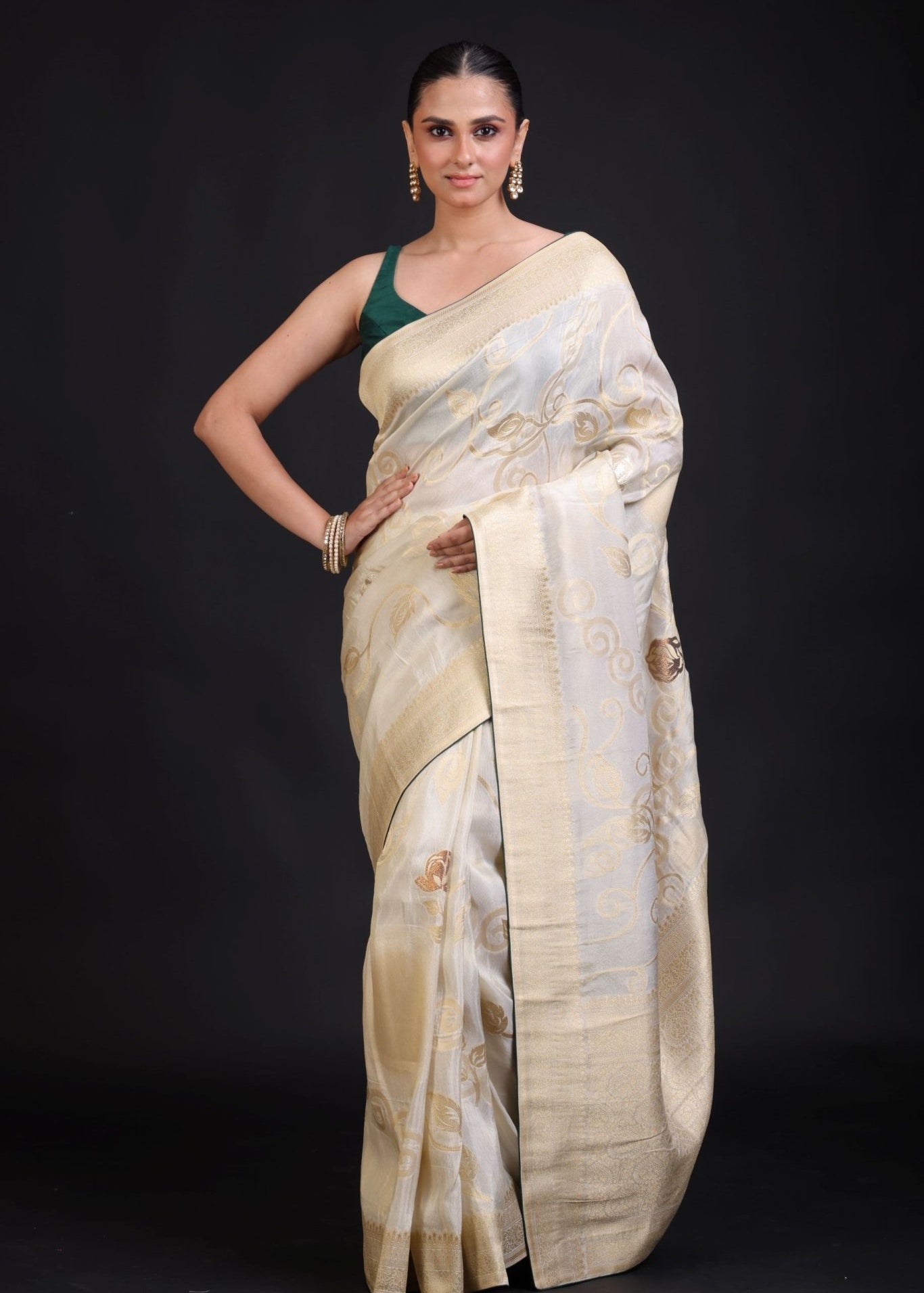 White and Gold Banarasi Saree with Green Piping finishing - Anvi Couture