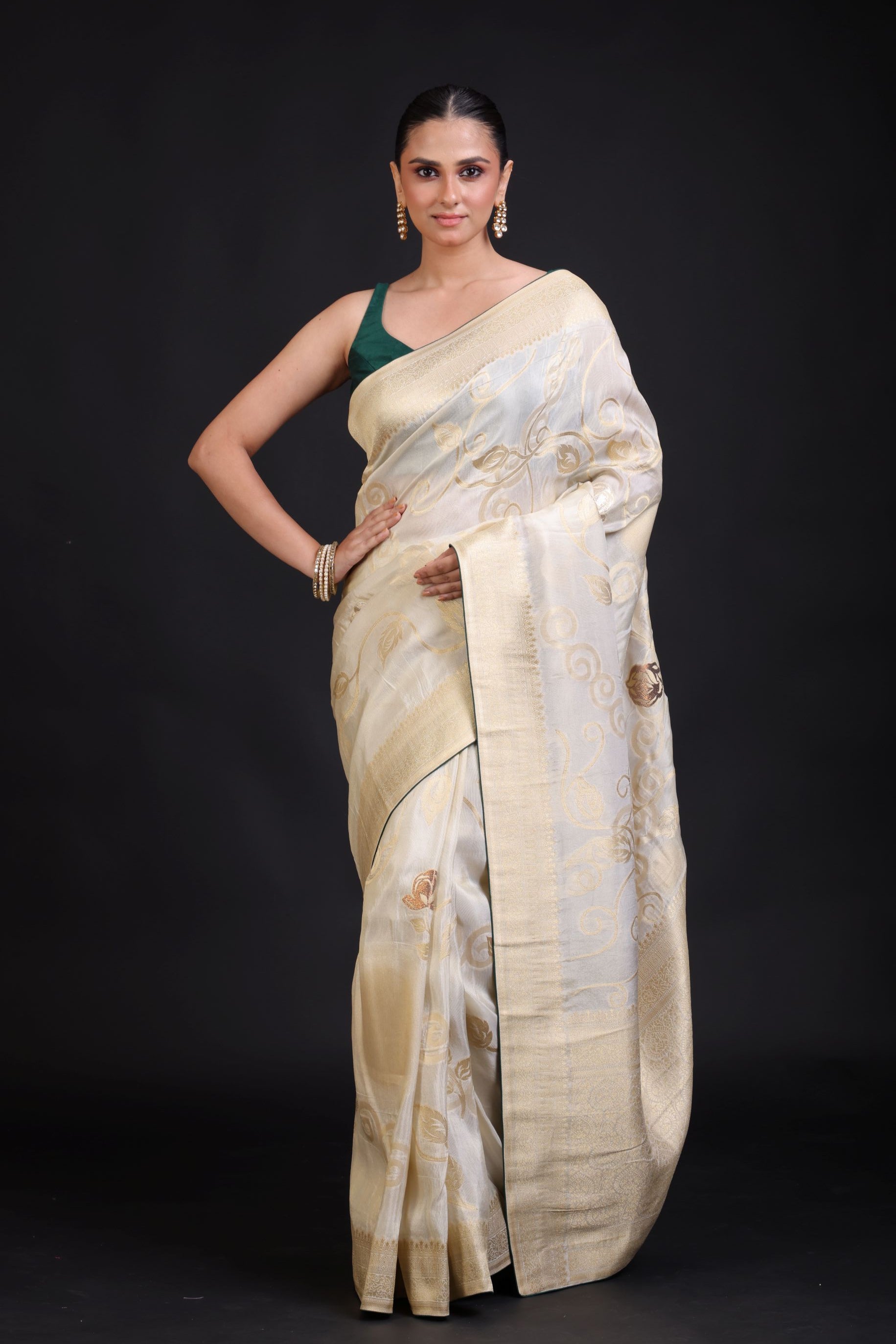 White and Gold Banarasi Saree with Green Piping finishing full