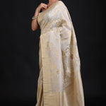 White and Gold Banarasi Saree with Green Piping finishing front
