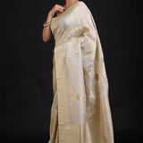 White and Gold Banarasi Saree with Green Piping finishing front