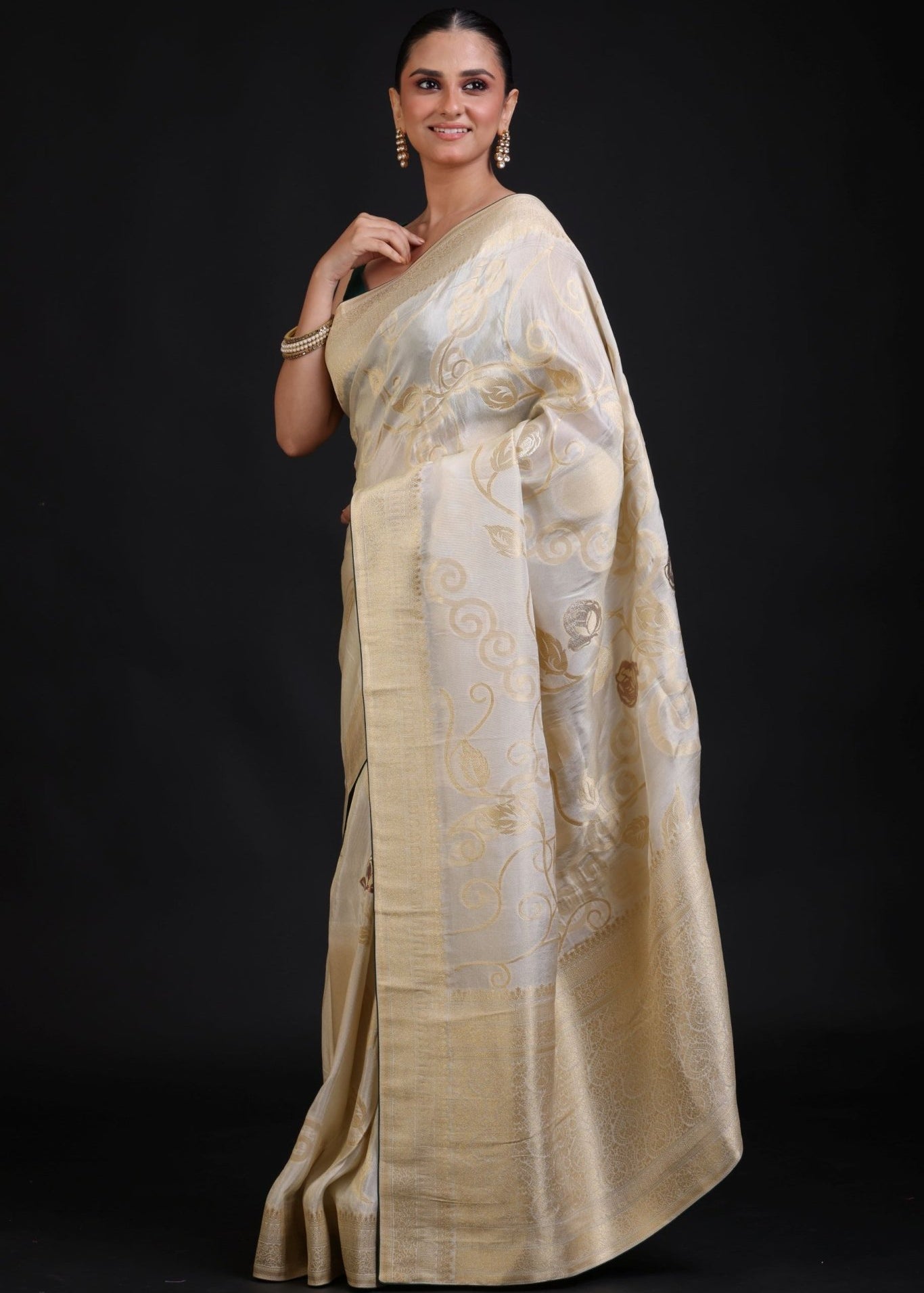 White and Gold Banarasi Saree with Green Piping finishing - Anvi Couture
