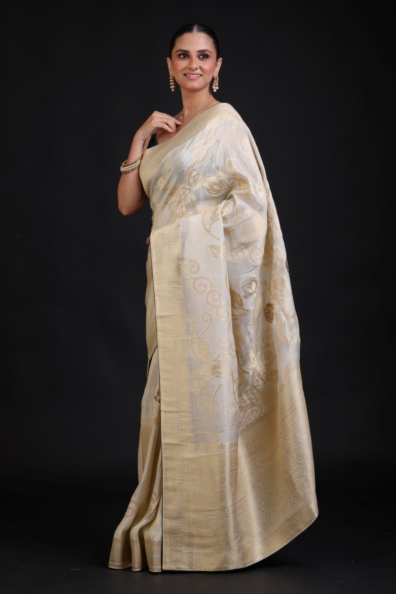 White and Gold Banarasi Saree with Green Piping finishing - Anvi Couture