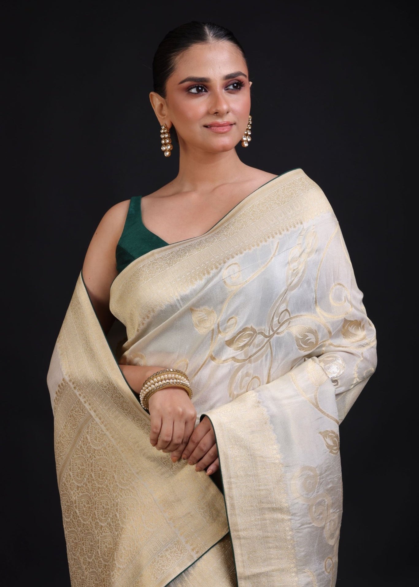 White and Gold Banarasi Saree with Green Piping finishing - Anvi Couture