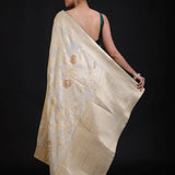 White and Gold Banarasi Saree with Green Piping finishing back 