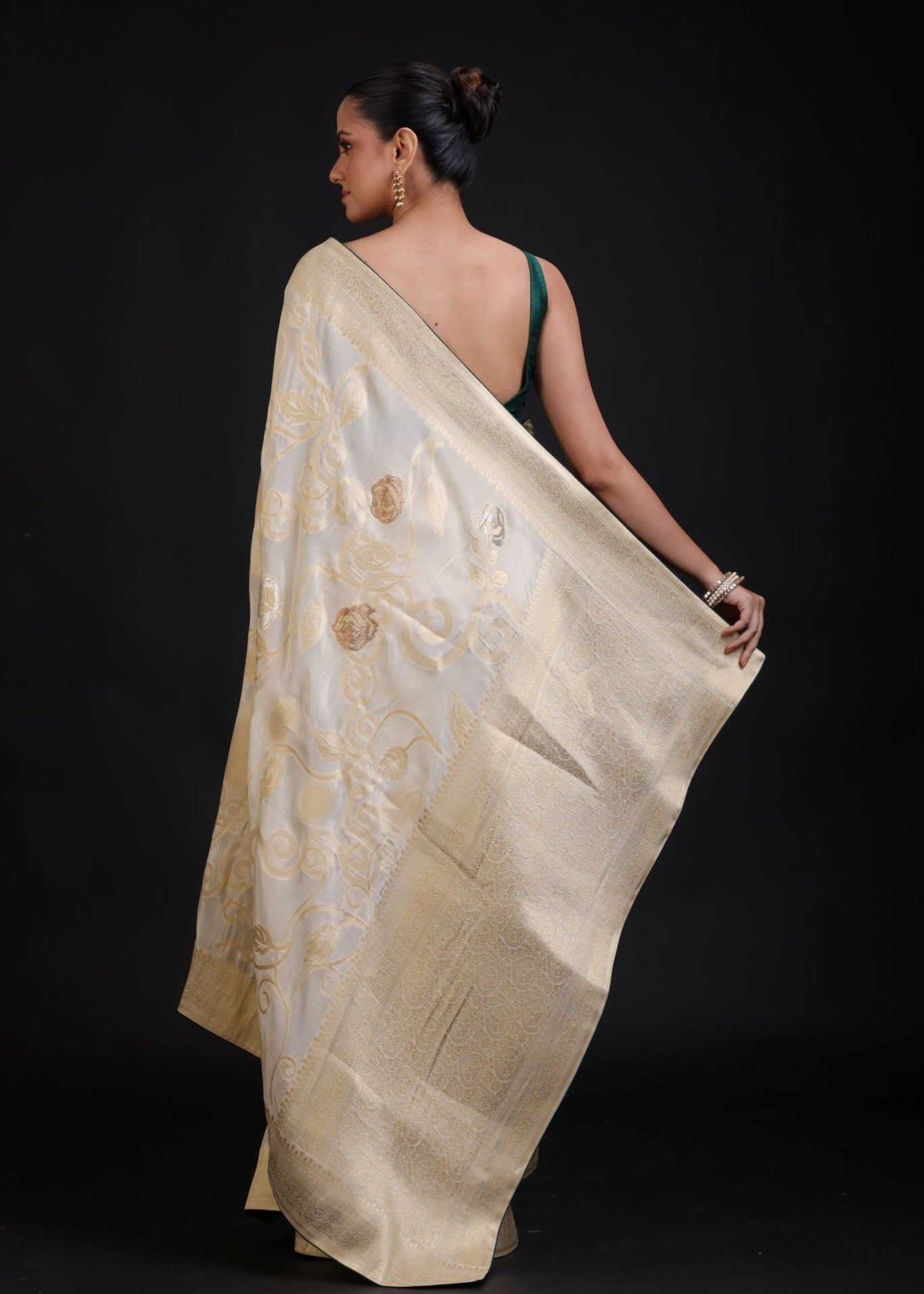 White and Gold Banarasi Saree with Green Piping finishing - Anvi Couture