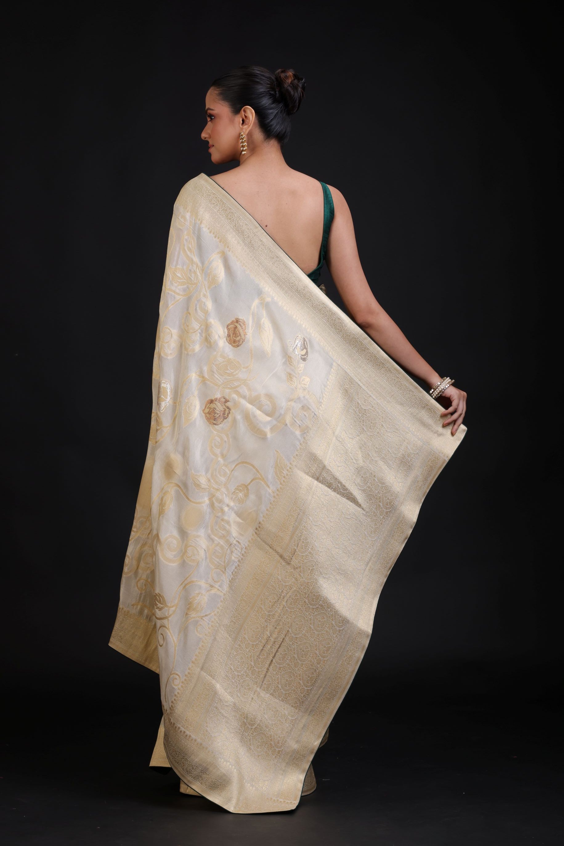 White and Gold Banarasi Saree with Green Piping finishing back 