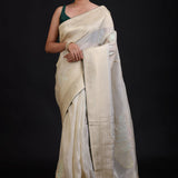 White and Gold Dola Silk Saree With Golden Woven work with Green Piping full