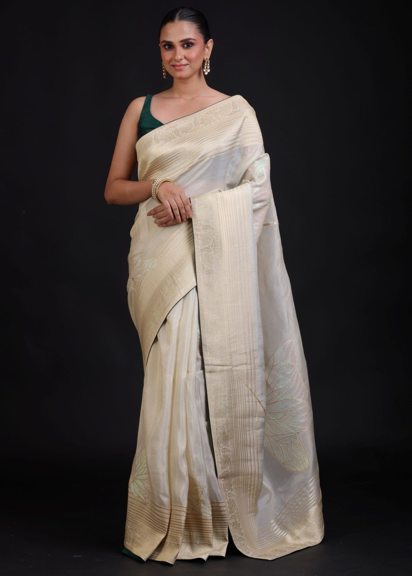 White and Gold Dola Silk Saree With Golden Woven work with Green Piping - Anvi Couture