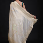 White and Gold Dola Silk Saree With Golden Woven work with Green Piping back