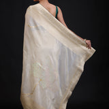 White and Gold Dola Silk Saree With Golden Woven work with Green Piping back