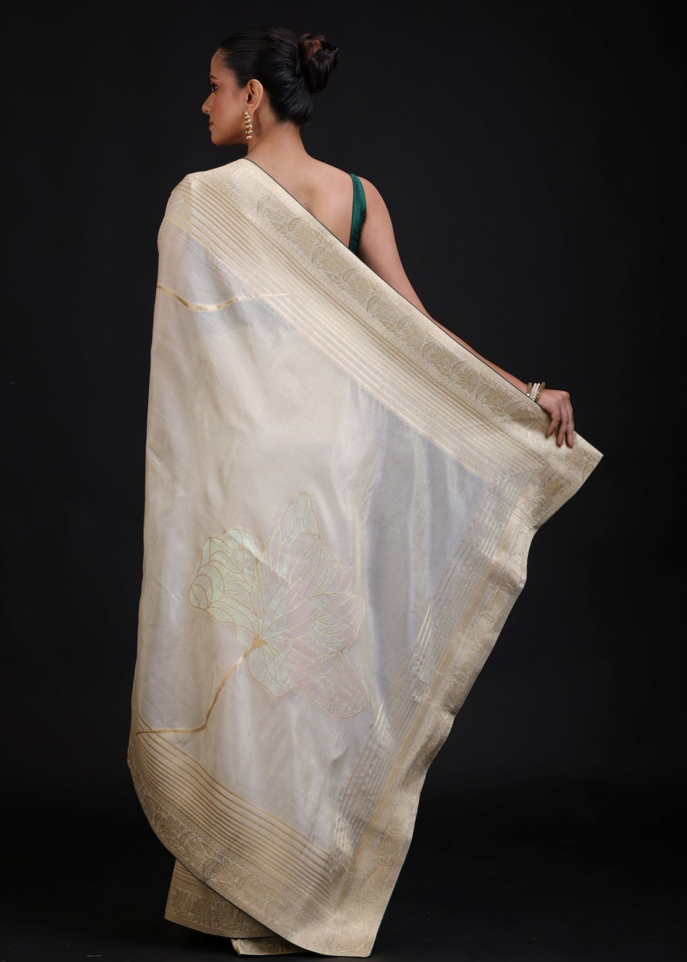 White and Gold Dola Silk Saree With Golden Woven work with Green Piping - Anvi Couture
