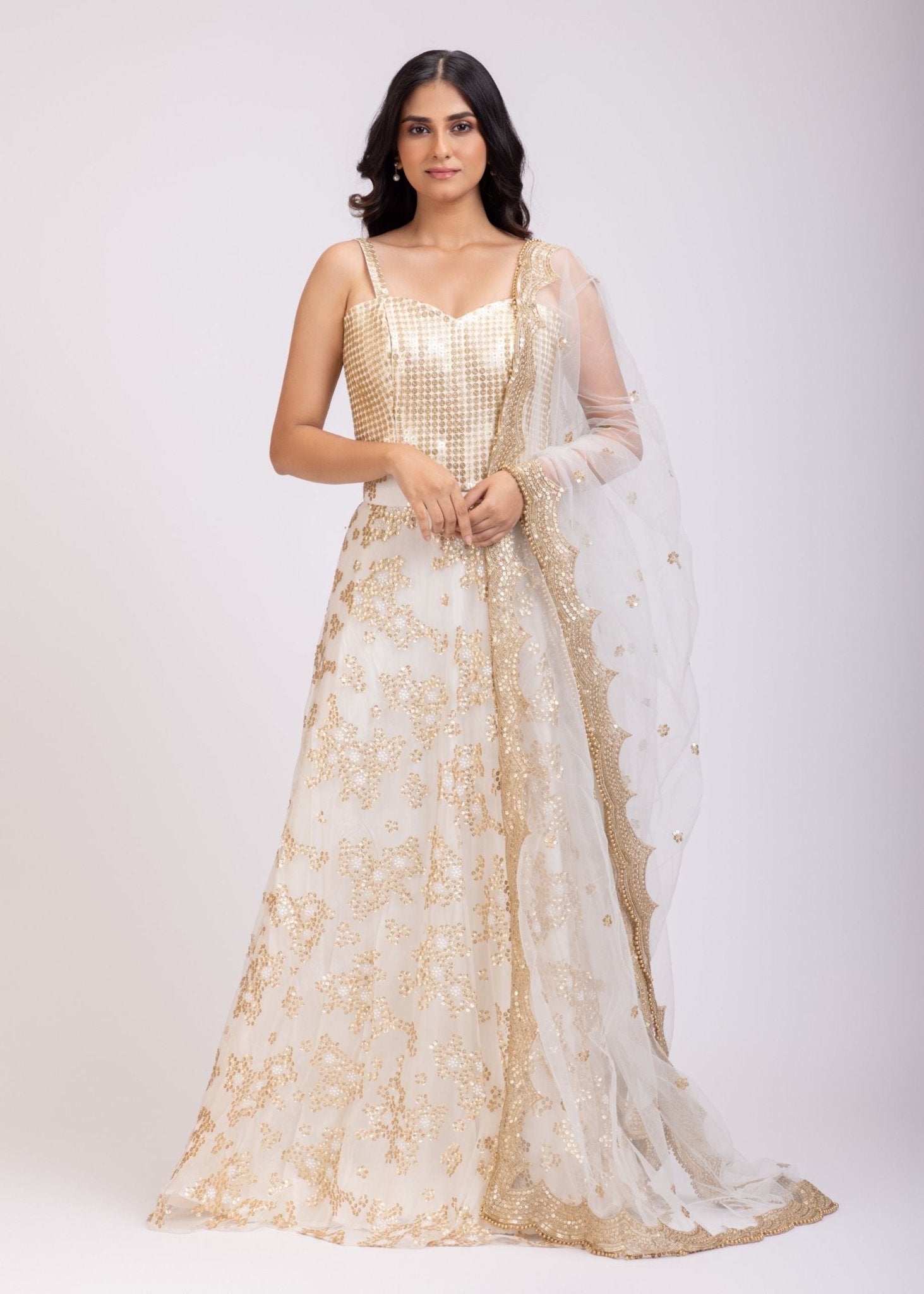 White and Golden Corset Lehenga Set With Sequin Embellished Work - Anvi Couture