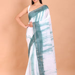 White and Green Shibori Cotton Handloom Saree - Anvi Couture