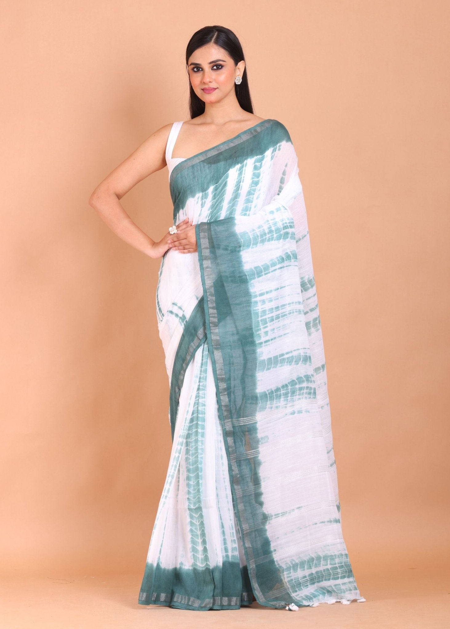 White and Green Shibori Cotton Handloom Saree - Anvi Couture