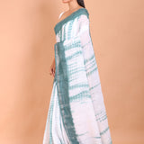 White and Green Shibori Cotton Handloom Saree - Anvi Couture