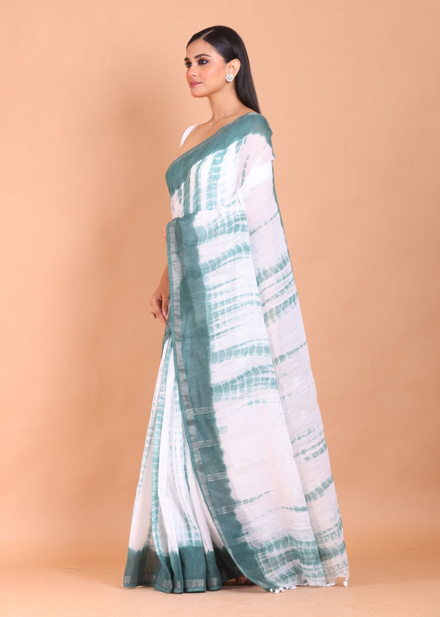 White and Green Shibori Cotton Handloom Saree - Anvi Couture