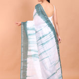 White and Green Shibori Cotton Handloom Saree - Anvi Couture