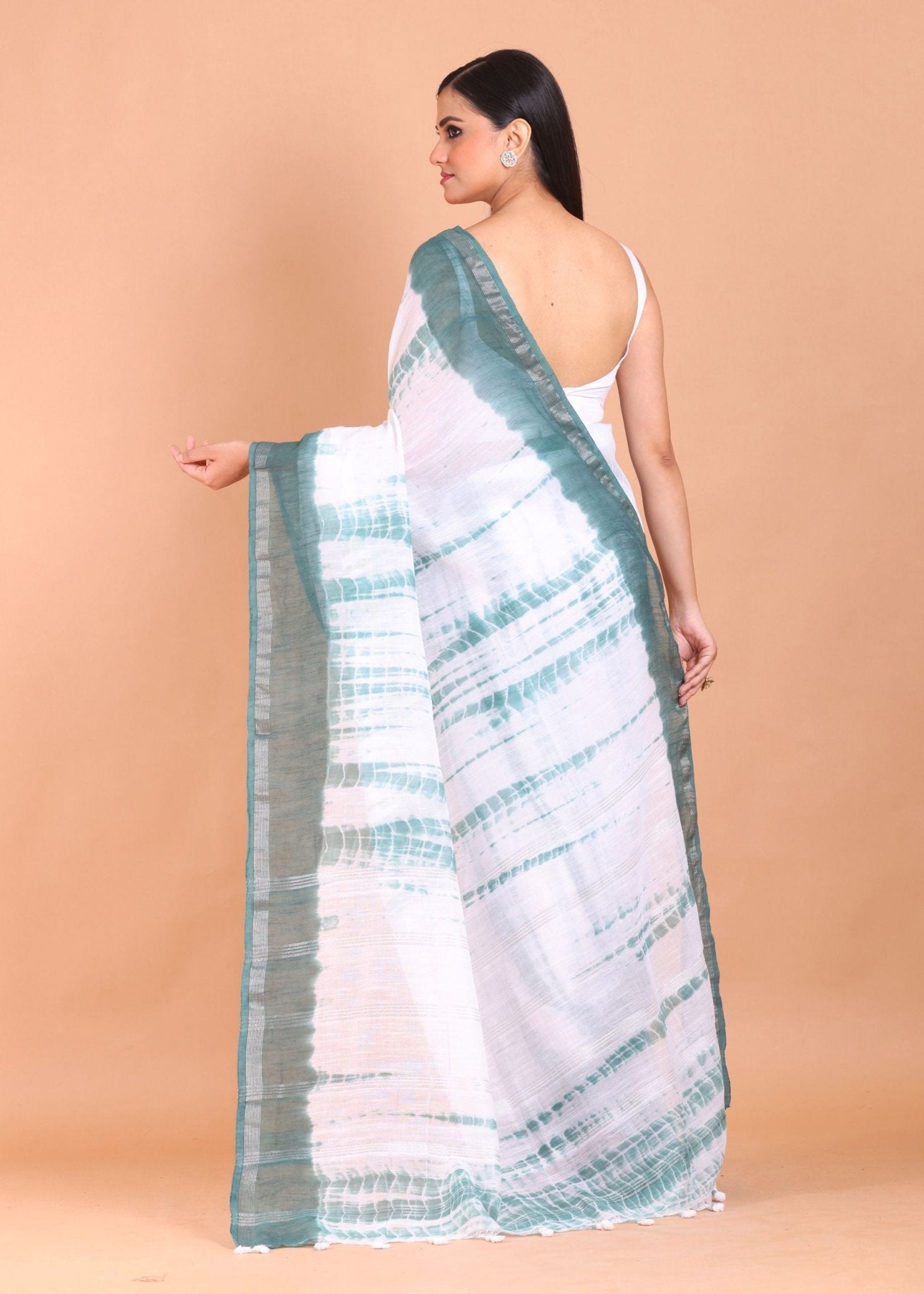 White and Green Shibori Cotton Handloom Saree - Anvi Couture
