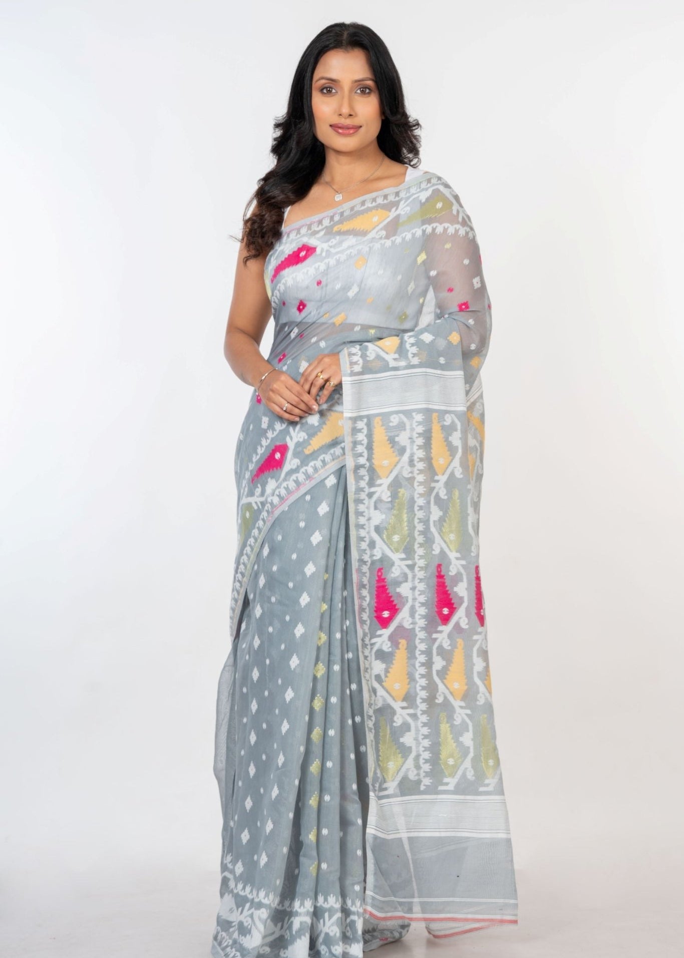 White and Grey Jamdani Handloom & Saree - Anvi Couture