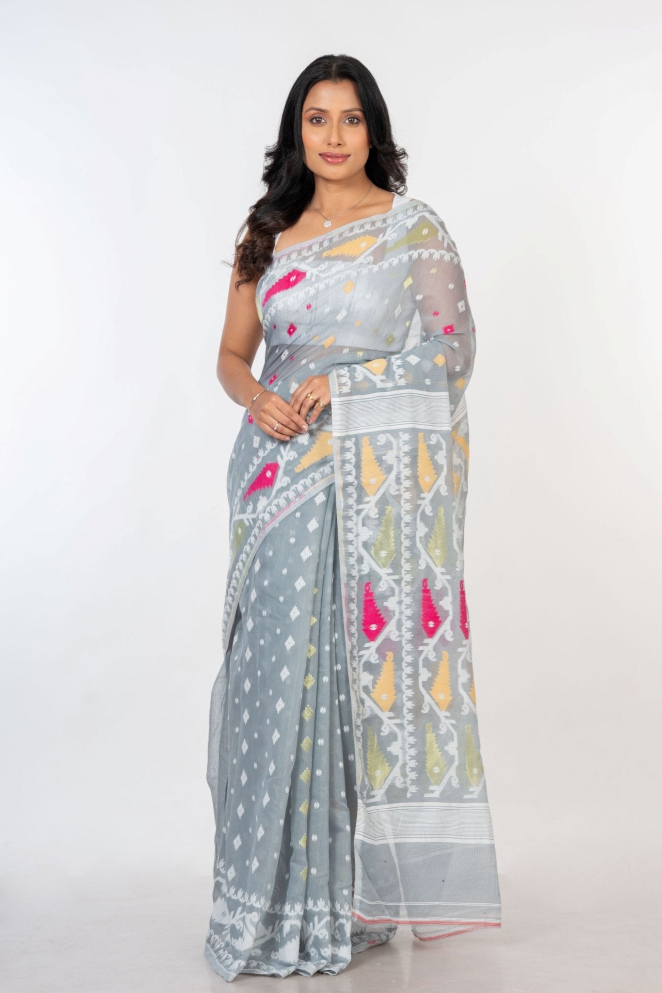 White and Grey Jamdani Handloom & Saree - Anvi Couture
