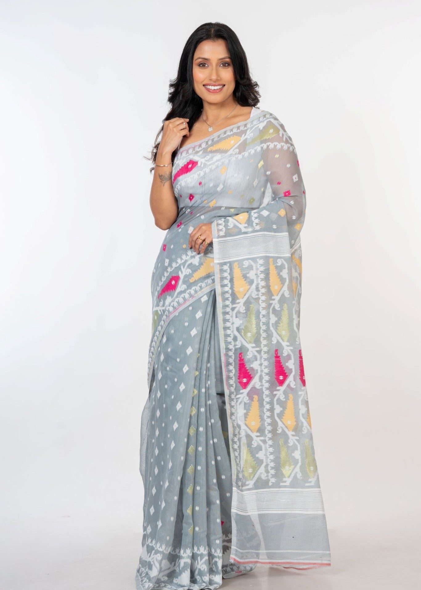 White and Grey Jamdani Handloom & Saree - Anvi Couture