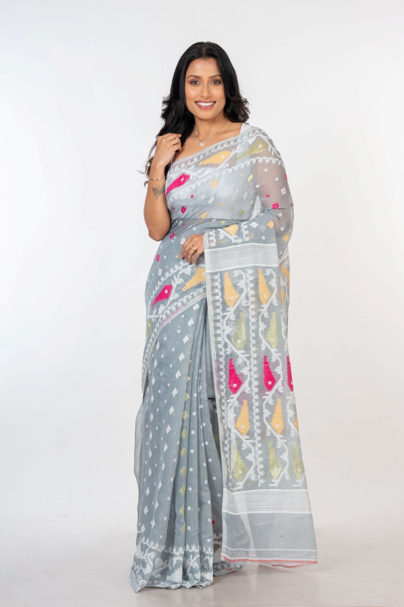White and Grey Jamdani Handloom & Saree - Anvi Couture