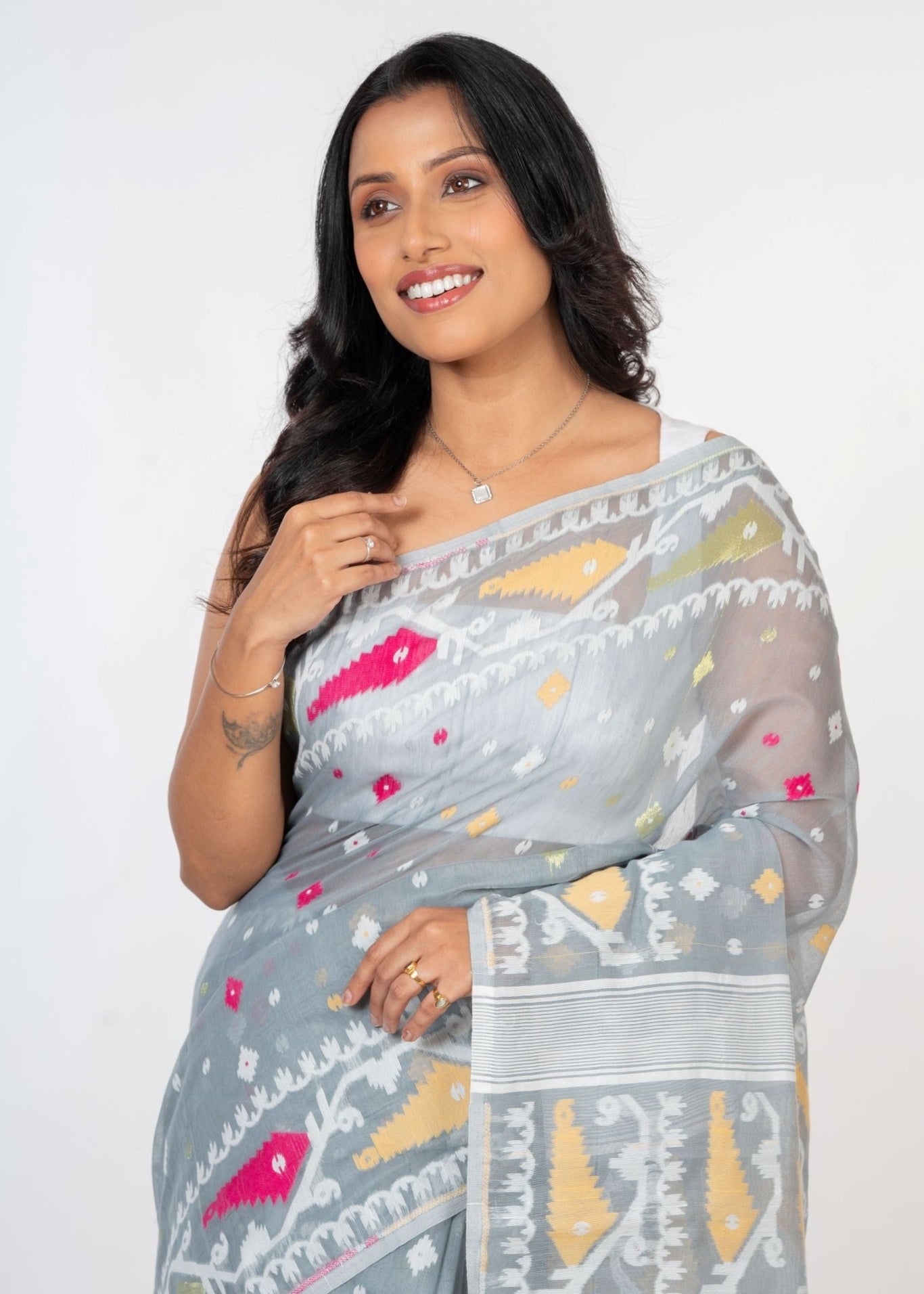 White and Grey Jamdani Handloom & Saree - Anvi Couture