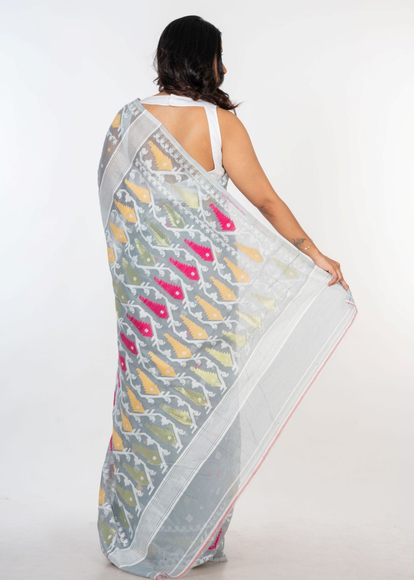 White and Grey Jamdani Handloom & Saree - Anvi Couture