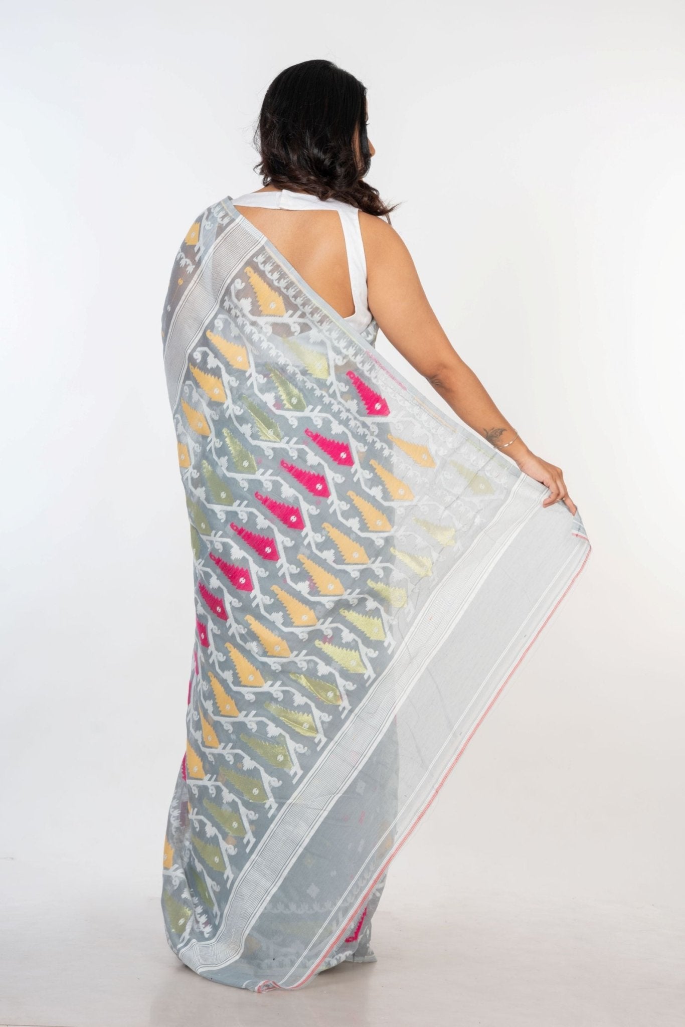 White and Grey Jamdani Handloom & Saree - Anvi Couture