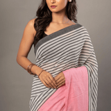 White and Pink Cotton Striped Handloom Saree - Anvi Couture