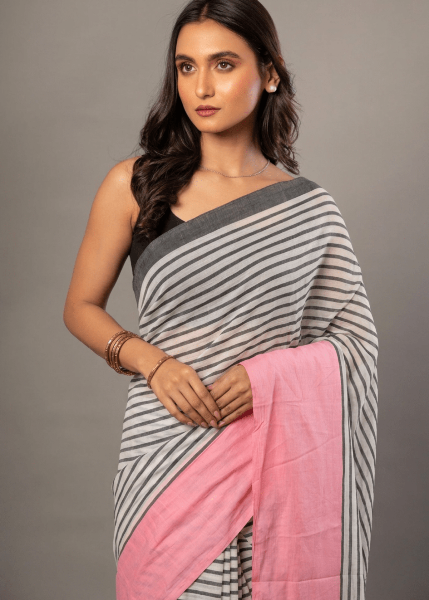 White and Pink Cotton Striped Handloom Saree - Anvi Couture