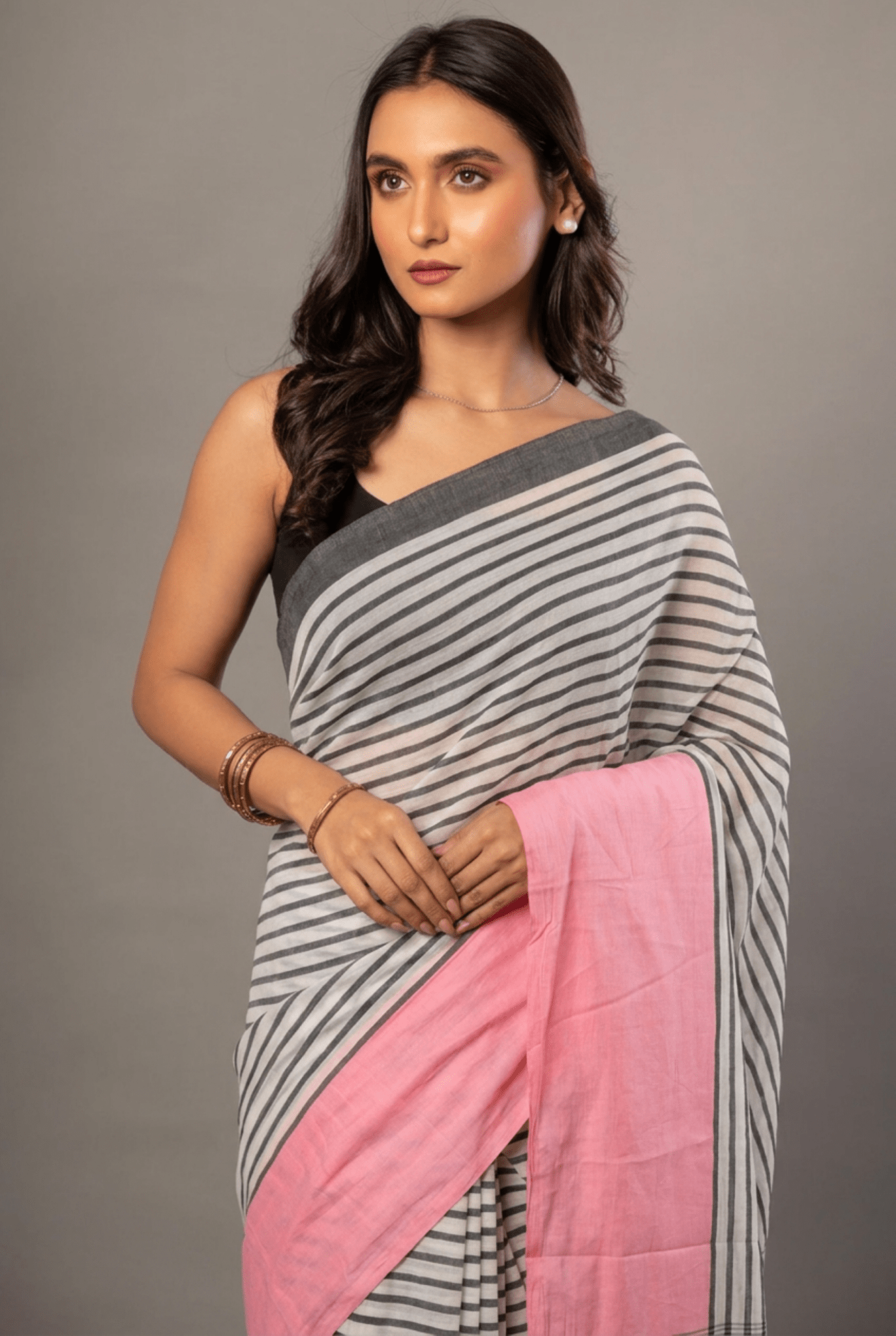 White and Pink Cotton Striped Handloom Saree - Anvi Couture