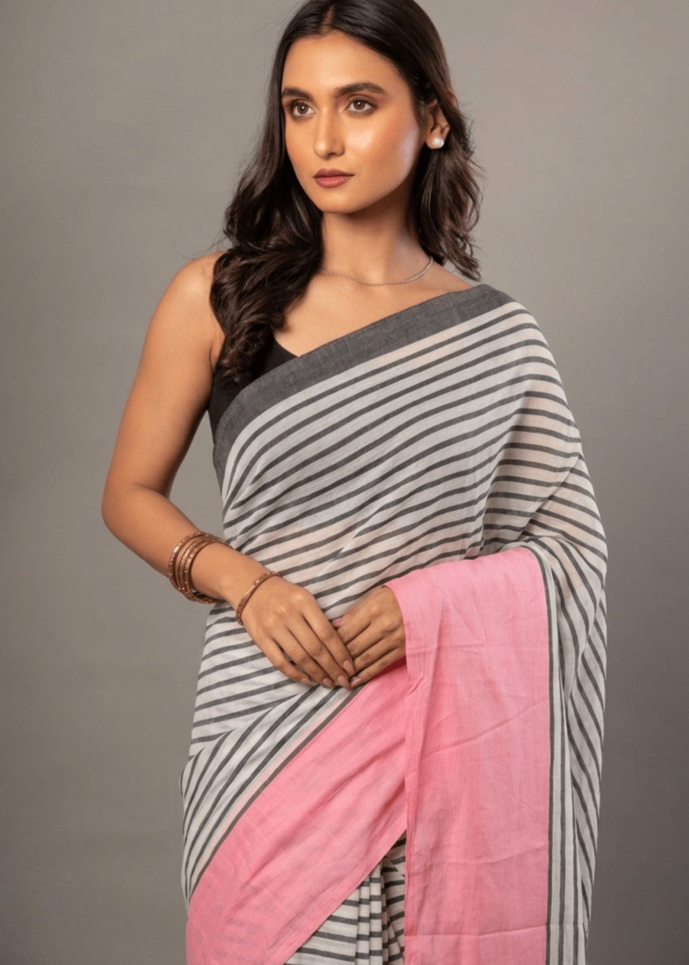 White and Pink Cotton Striped Handloom Saree - Anvi Couture