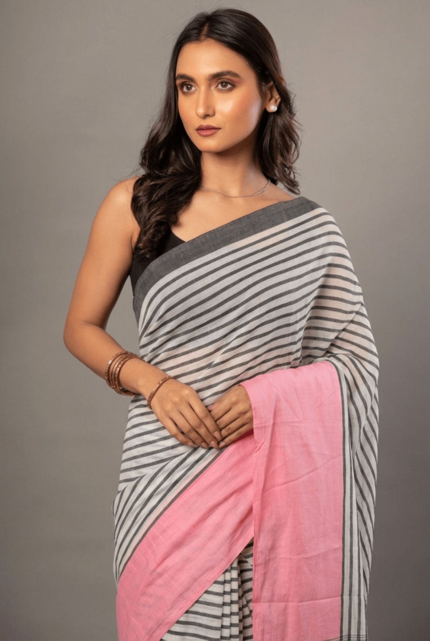 White and Pink Cotton Striped Handloom Saree - Anvi Couture
