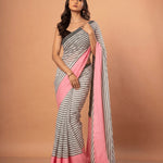 White and Pink Cotton Striped Handloom Saree - Anvi Couture