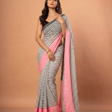 White and Pink Cotton Striped Handloom Saree - Anvi Couture