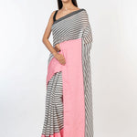 White and Pink Cotton Striped Handloom Saree - Anvi Couture