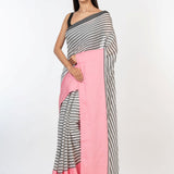 White and Pink Cotton Striped Handloom Saree - Anvi Couture