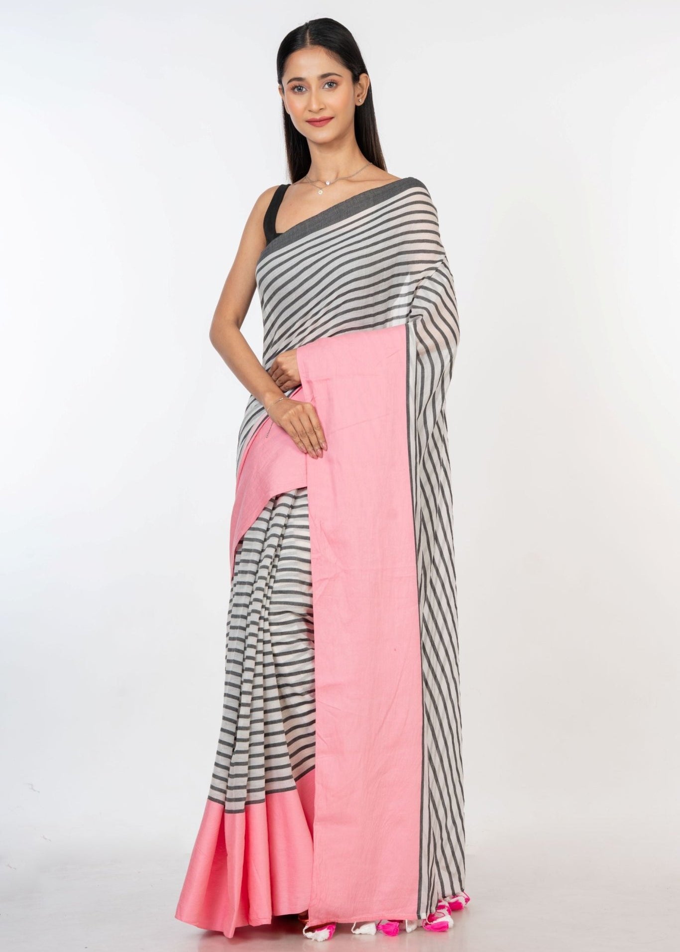 White and Pink Cotton Striped Handloom Saree - Anvi Couture